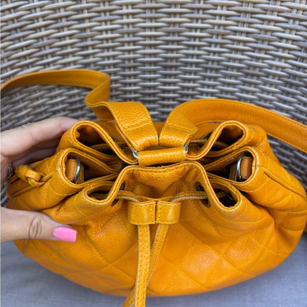 Authentic CHANEL Mustard caviar leather quilted drawstring backpack - Picture 2 of 15